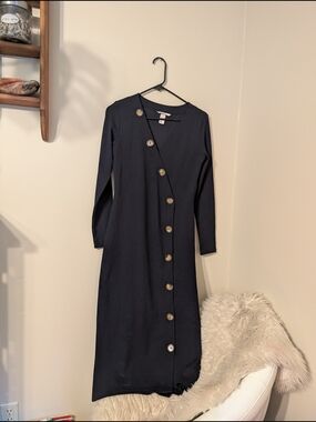H&M Navy Long-Sleeve Button-Accent Midi Dress